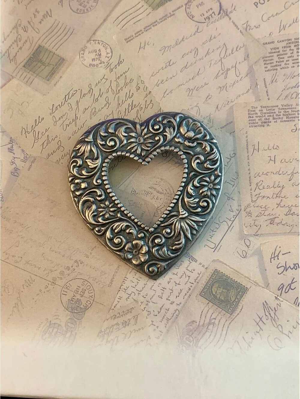 Vintage Antiqued Floral Scrollwork Open Heart Brooch